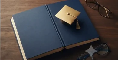 Educación financiera en España: libro y calculadora sobre mesa de madera