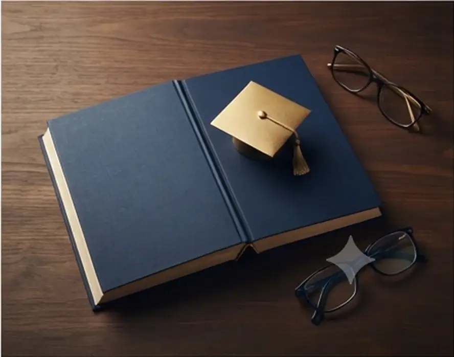 Libro de tapa dura abierto con un birrete de graduación dorado en miniatura