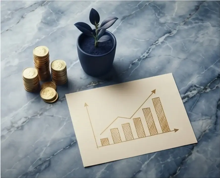 Monedas doradas, una planta creciendo y un gráfico 