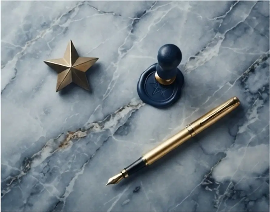 Estrella de metal dorado junto a un sello de cera y una pluma, símbolo de reconocimiento