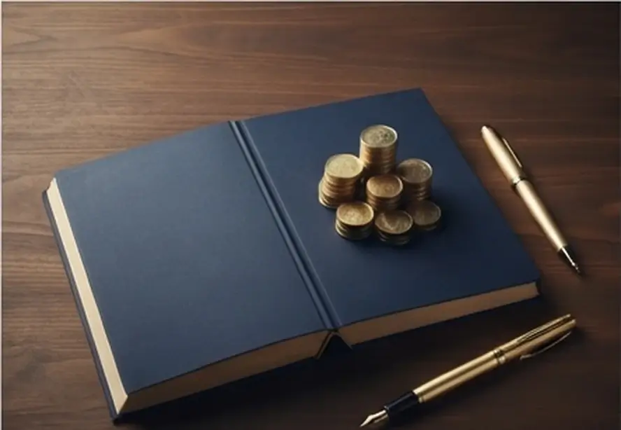 Libro azul marino abierto con monedas doradas apiladas sobre las páginas y una pluma